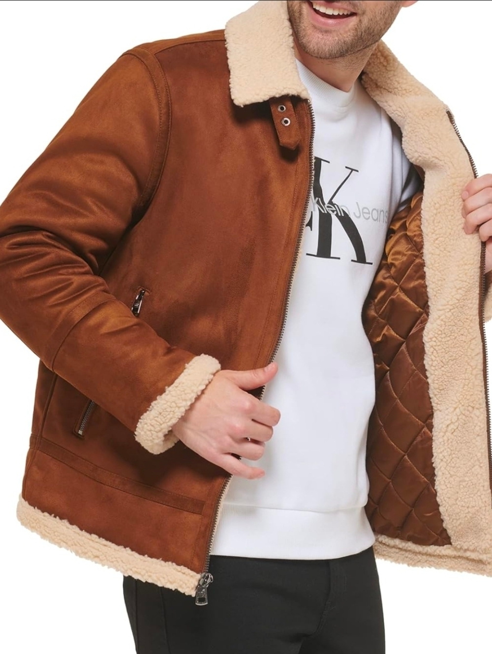 Calvin Klein Brown Suede Bomber With Cream Sherpa  Jacket